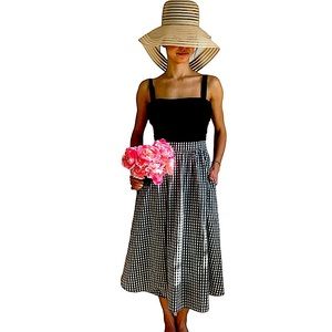 1901 Black White Gingham Cotton Midi Summer Dress Sz 10 Seam Pockets Straps Bows